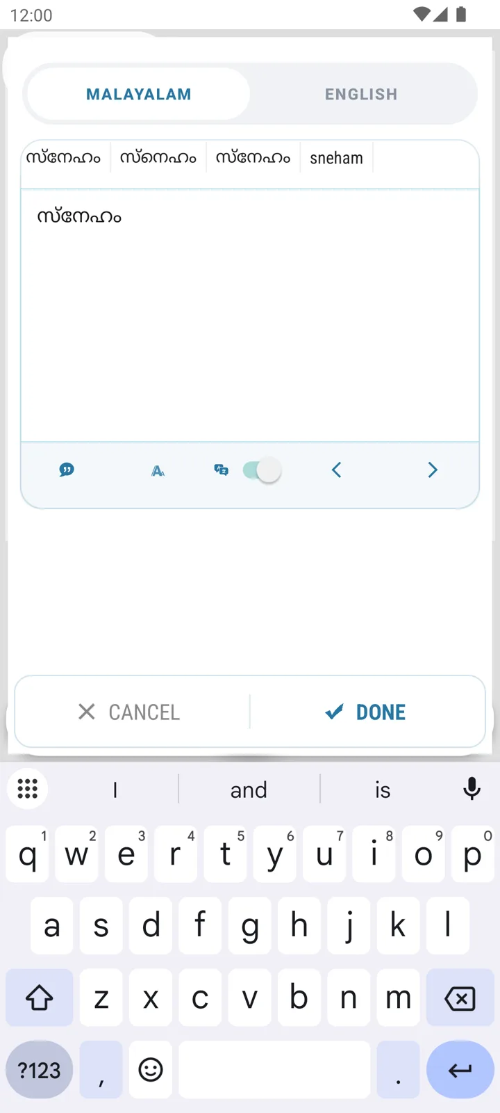 Typing Manglish that becomes Malayalam text in the app